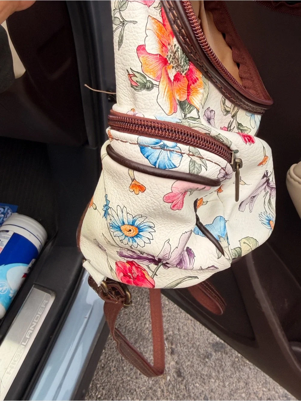 Floral Mini Backpack - White Floral with Brown Trim